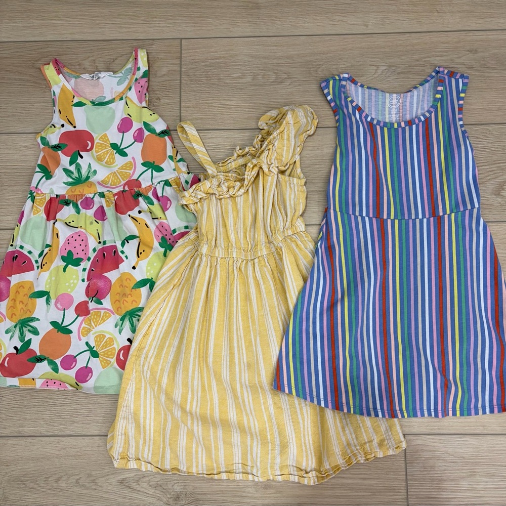 H&M Girls Summer Dress Lot of 3 Yellow Striped One-Shoulder Ruffle Dress for Kid